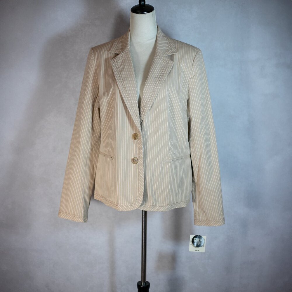 NWT Apostrophe Women Stretch Blazer Striped Long Sleeve Cotton Tan White Size 16